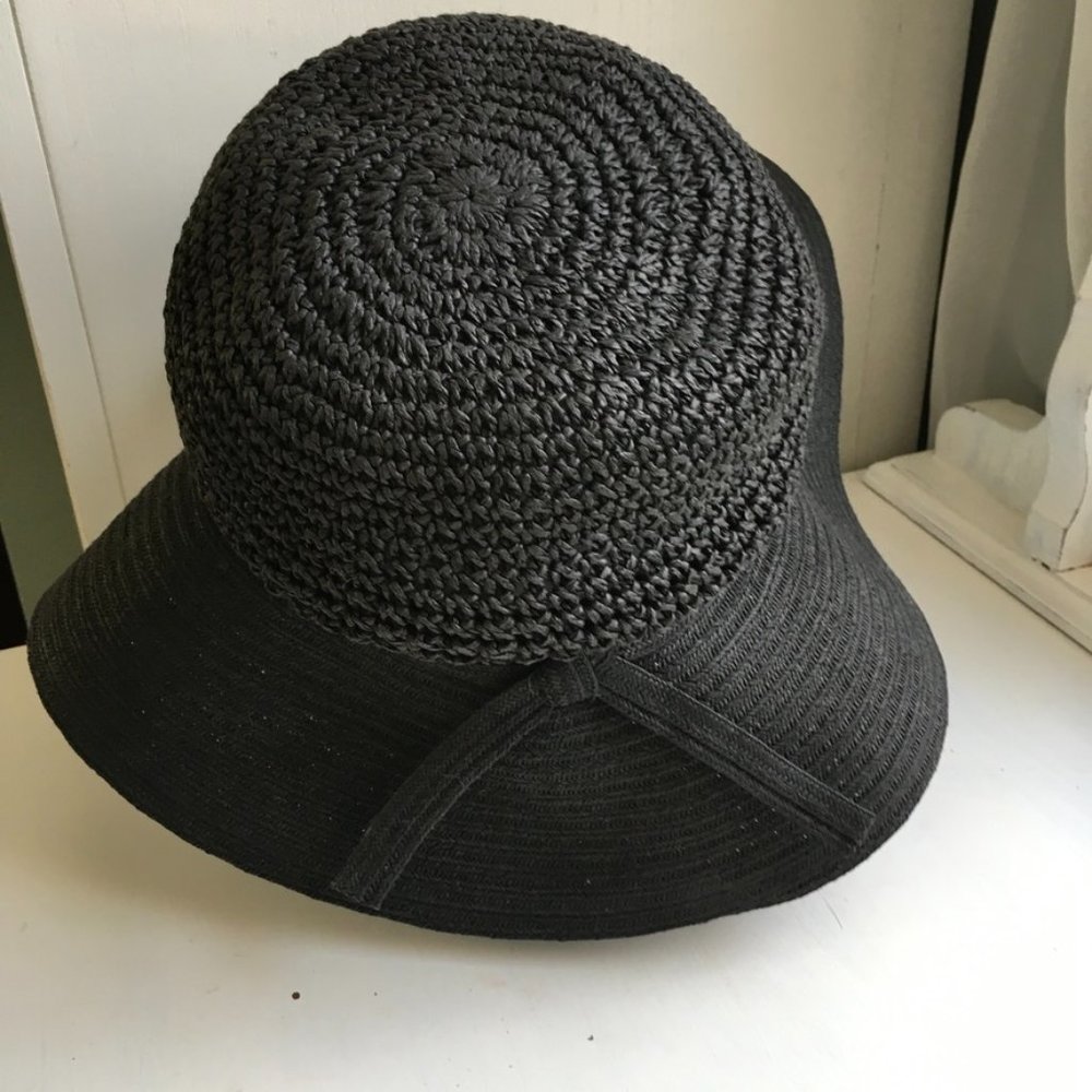 Black Wide Brim Floppy Sun Hat Grommets Black Ribbon - Picture 2 of 6